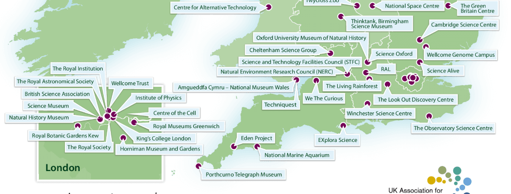 Map of science centres in the south of england, showing a large gap around Devon